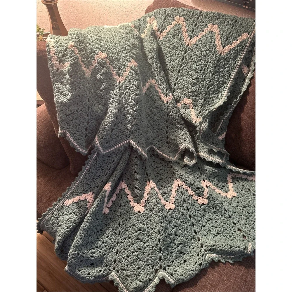Hand Crocheted seafoam Green Afghan Ruffle 50